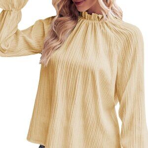 Zara Womens Cream Mock Neck Pleated Bell Sleeve Blouse Size Medium